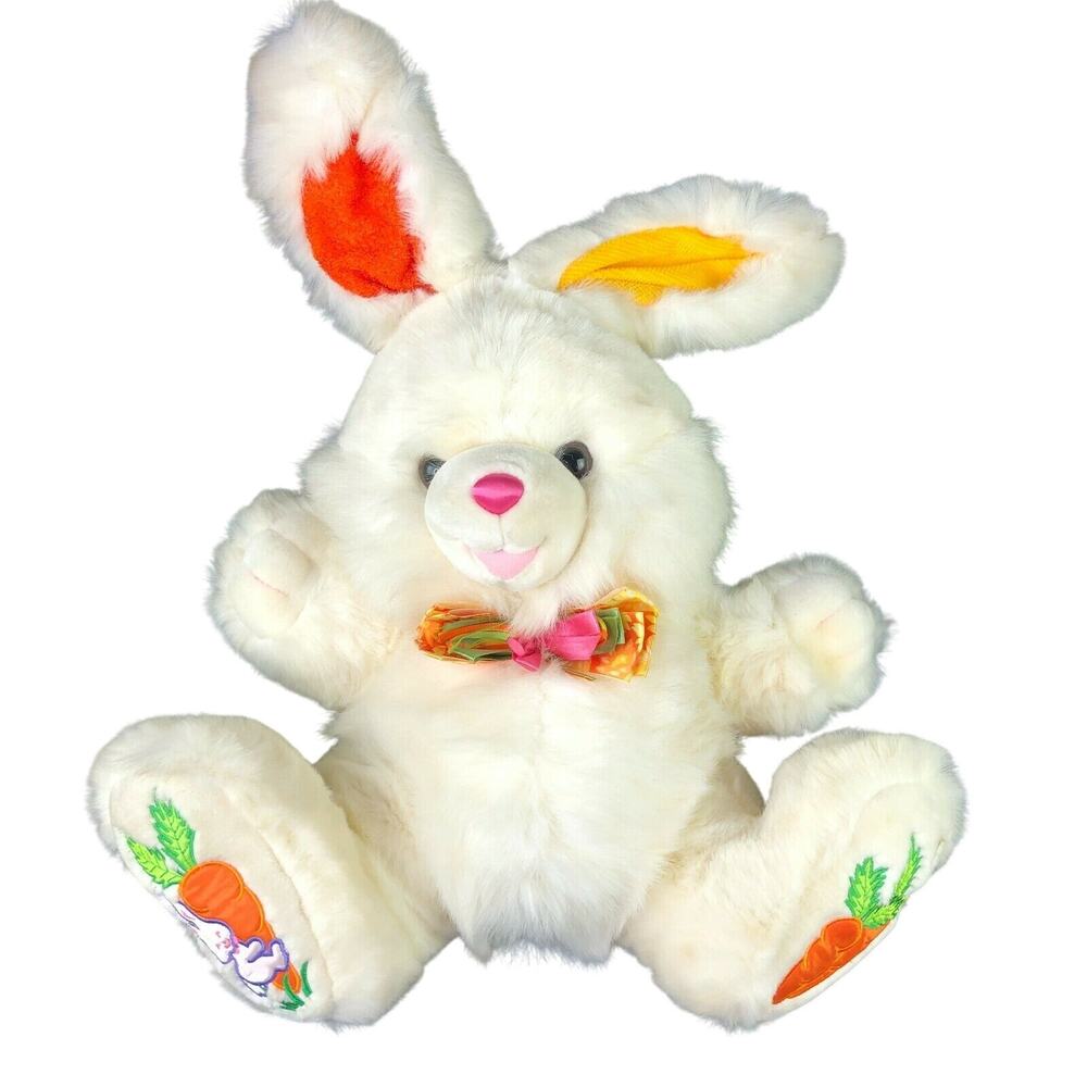 Hoppy Hopster Easter Bunny Plush 14" White‎ Rabbit Carrot Feet TB Trading VTG